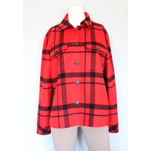 Weekend Max Mara Women's Medium Red Jacket Plaid Front Pocket Button Down Fleece - Picture 1 of 9